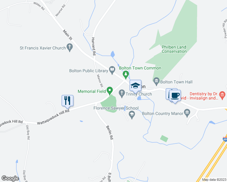 map of restaurants, bars, coffee shops, grocery stores, and more near 8 Wattaquadock Hill Road in Bolton