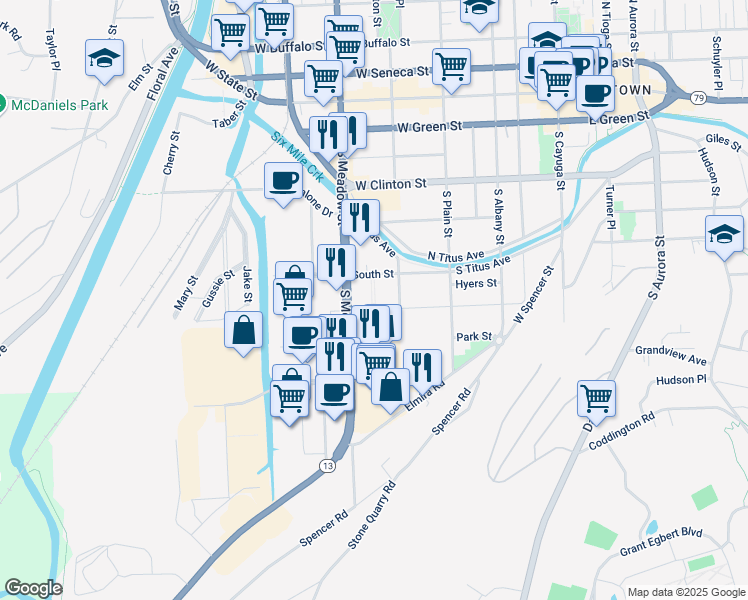 map of restaurants, bars, coffee shops, grocery stores, and more near in Ithaca