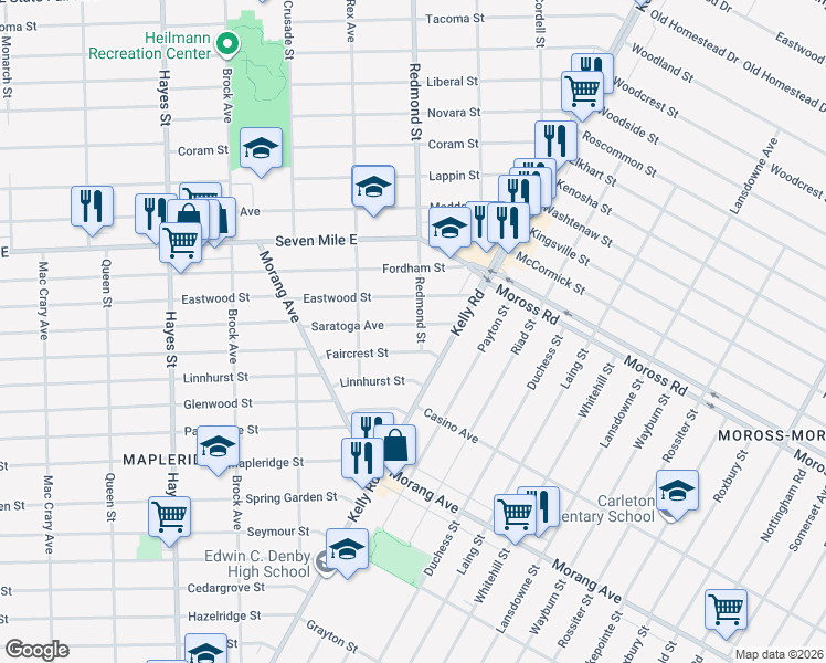 map of restaurants, bars, coffee shops, grocery stores, and more near 15905 Saratoga Avenue in Detroit