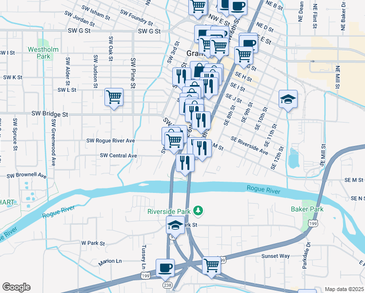 map of restaurants, bars, coffee shops, grocery stores, and more near 901 Southwest 6th Street in Grants Pass