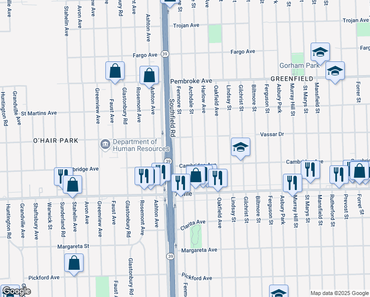 map of restaurants, bars, coffee shops, grocery stores, and more near 19377 Fenmore Street in Detroit