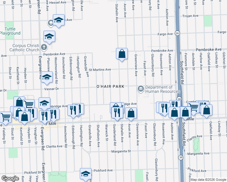 map of restaurants, bars, coffee shops, grocery stores, and more near in Detroit