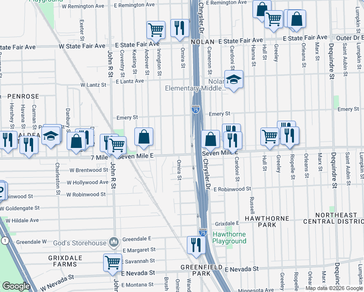map of restaurants, bars, coffee shops, grocery stores, and more near 19173 Yacama Avenue in Highland Park