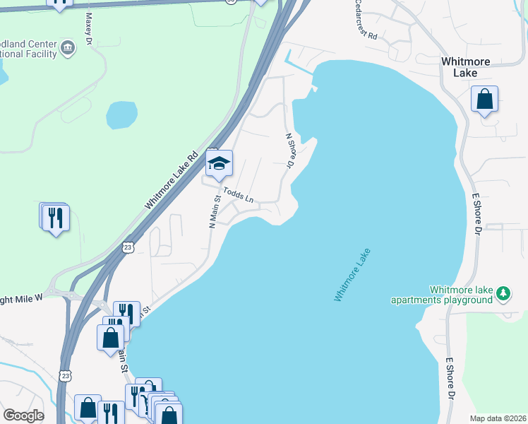 map of restaurants, bars, coffee shops, grocery stores, and more near 11598 Shore Drive in Whitmore Lake