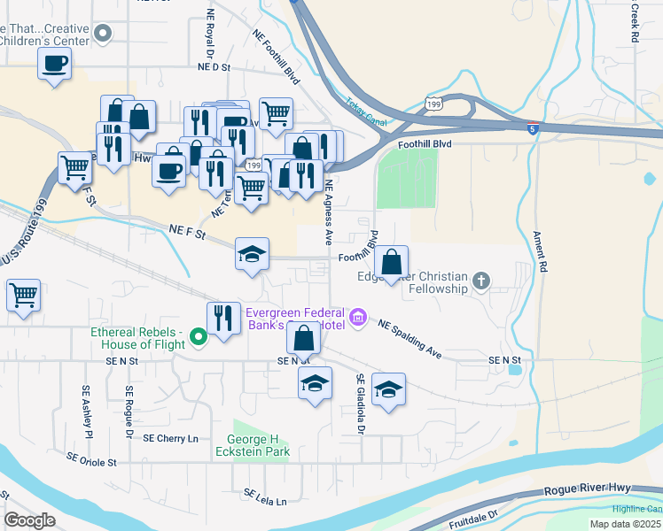 map of restaurants, bars, coffee shops, grocery stores, and more near 460 Northeast Agness Avenue in Grants Pass