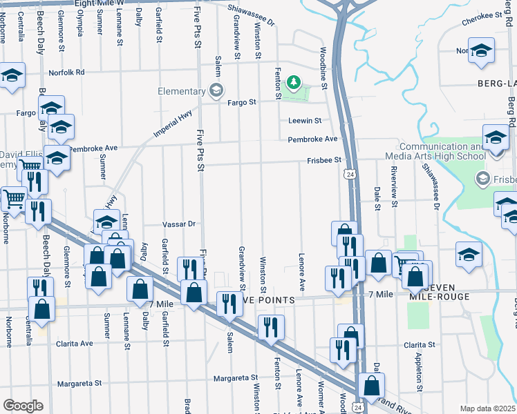 map of restaurants, bars, coffee shops, grocery stores, and more near 19407 Winston Street in Detroit