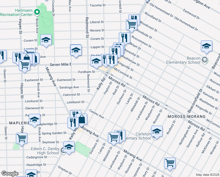 map of restaurants, bars, coffee shops, grocery stores, and more near 12945 Payton Street in Detroit