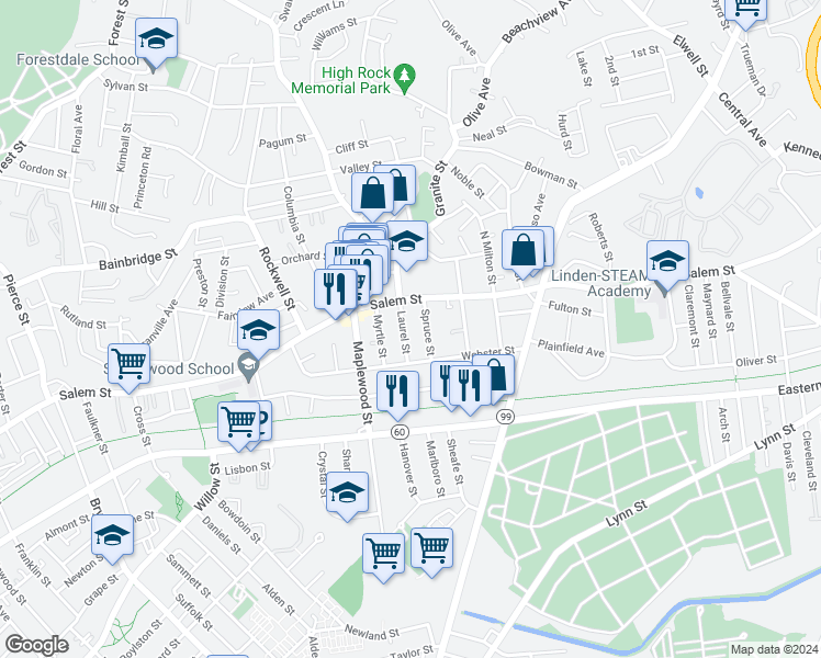 map of restaurants, bars, coffee shops, grocery stores, and more near 729 Salem Street in Malden