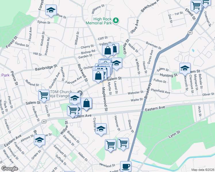 map of restaurants, bars, coffee shops, grocery stores, and more near 685 Salem Street in Malden