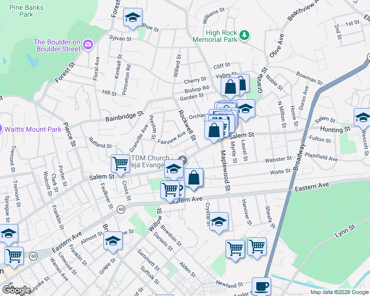 map of restaurants, bars, coffee shops, grocery stores, and more near 41 Fairview Terrace in Malden