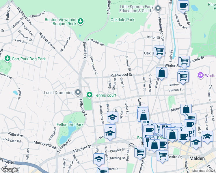 map of restaurants, bars, coffee shops, grocery stores, and more near 47 Earl Street in Malden