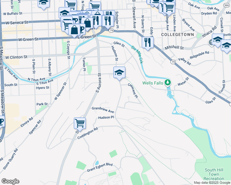 map of restaurants, bars, coffee shops, grocery stores, and more near 530 Hudson Street in Ithaca