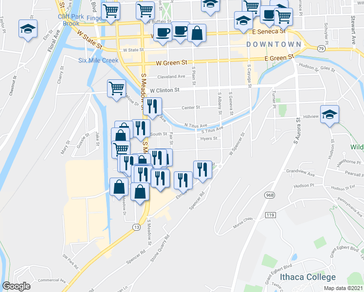 map of restaurants, bars, coffee shops, grocery stores, and more near in Ithaca