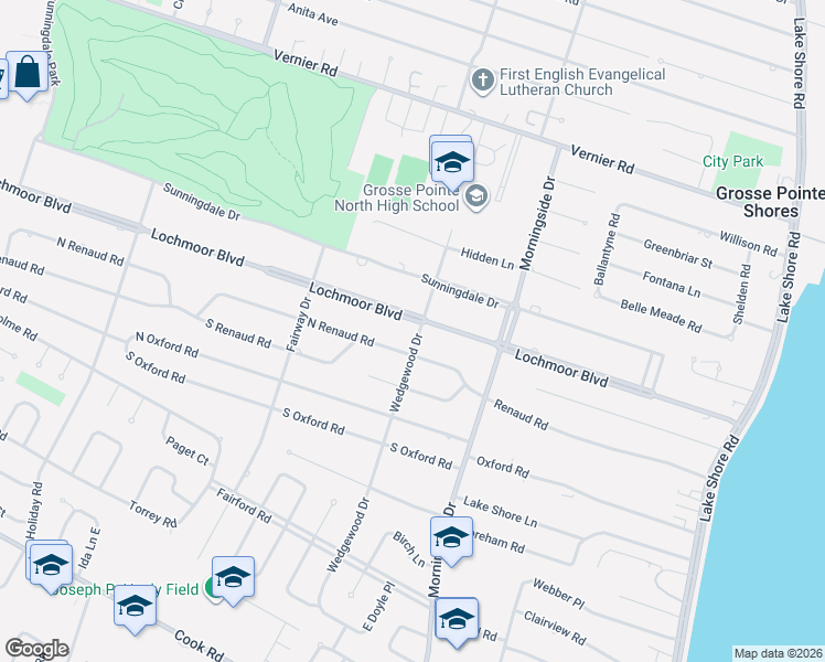 map of restaurants, bars, coffee shops, grocery stores, and more near 839 Lochmoor Boulevard in Grosse Pointe Woods