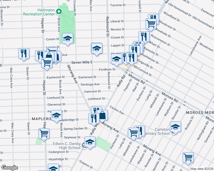 map of restaurants, bars, coffee shops, grocery stores, and more near 15905 Saratoga Avenue in Detroit