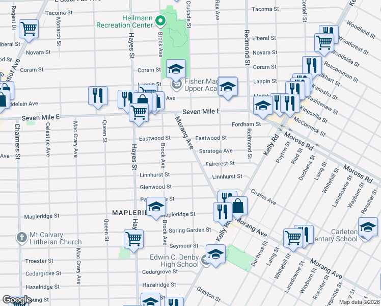 map of restaurants, bars, coffee shops, grocery stores, and more near 18836 Morang Avenue in Detroit
