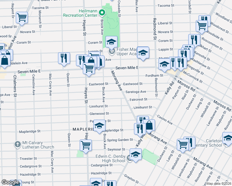 map of restaurants, bars, coffee shops, grocery stores, and more near 15451 Saratoga Avenue in Detroit