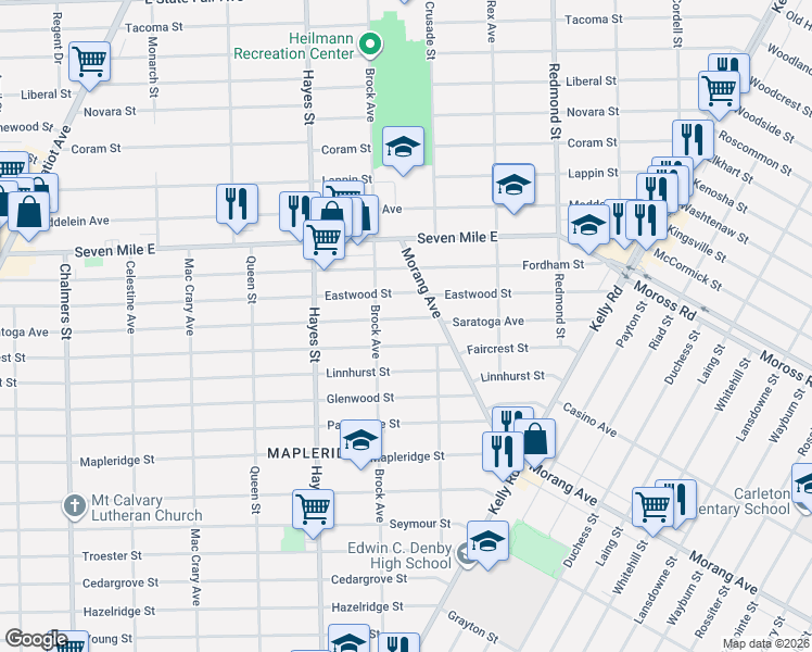 map of restaurants, bars, coffee shops, grocery stores, and more near 15451 Saratoga Avenue in Detroit