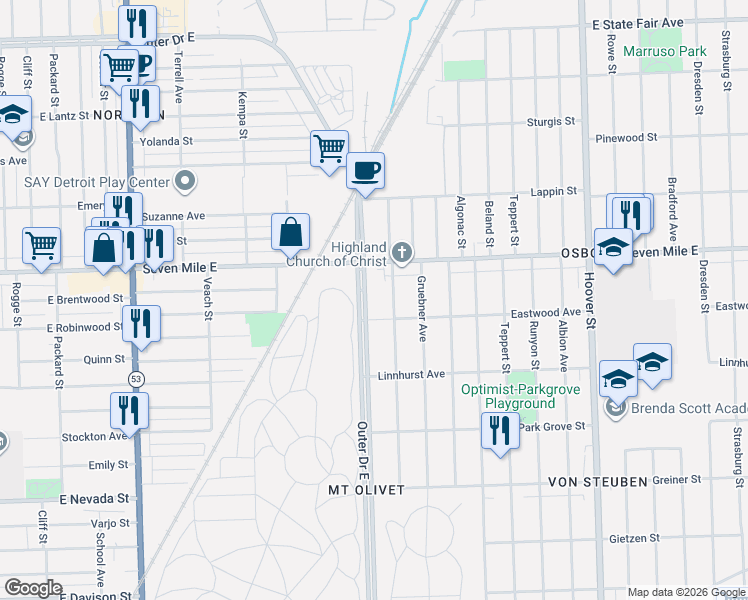 map of restaurants, bars, coffee shops, grocery stores, and more near 5497 Outer Drive East in Detroit