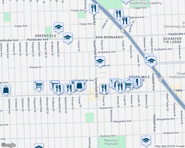 map of restaurants, bars, coffee shops, grocery stores, and more near 19371 Greenfield Road in Detroit