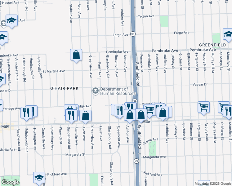 map of restaurants, bars, coffee shops, grocery stores, and more near 19376 Rosemont Avenue in Detroit