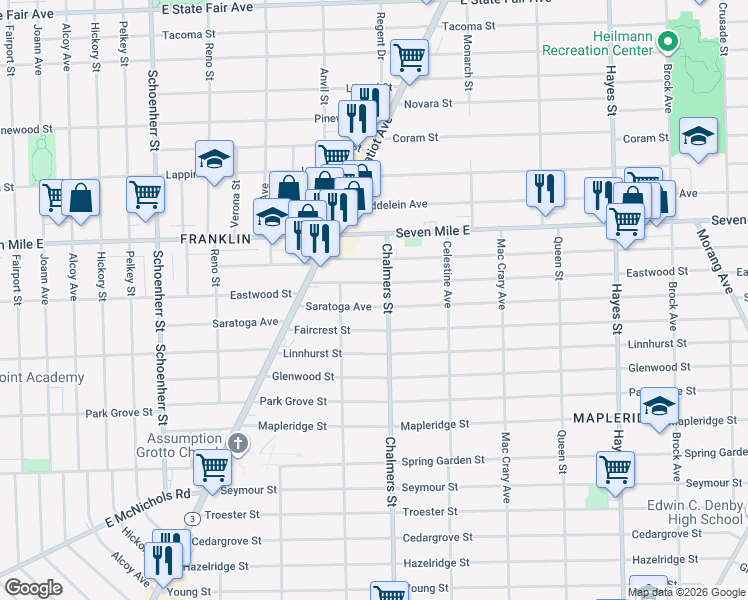 map of restaurants, bars, coffee shops, grocery stores, and more near 14280 Eastwood Street in Detroit