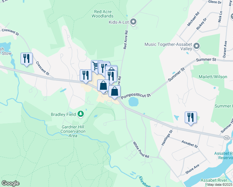 map of restaurants, bars, coffee shops, grocery stores, and more near 4 Red Acre Road in Stow