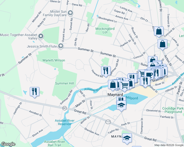 map of restaurants, bars, coffee shops, grocery stores, and more near 10 Howard Road in Maynard