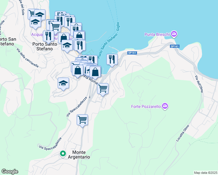 map of restaurants, bars, coffee shops, grocery stores, and more near 25A Via Sant'Andrea in Porto Santo Stefano