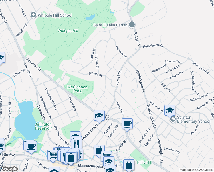 map of restaurants, bars, coffee shops, grocery stores, and more near 77 Wright Street in Arlington