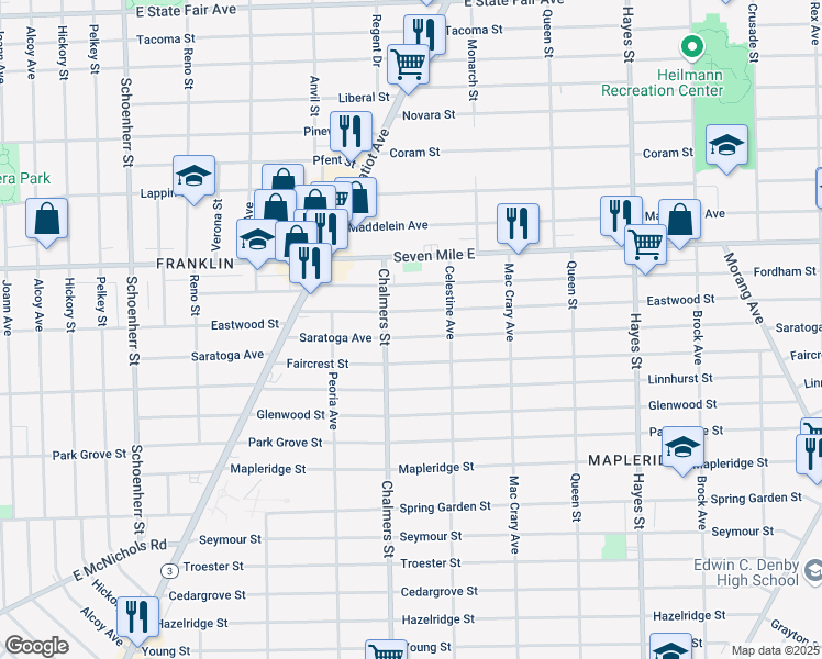 map of restaurants, bars, coffee shops, grocery stores, and more near 14445 Saratoga Avenue in Detroit