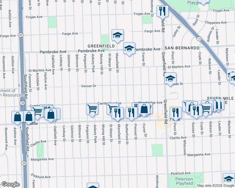 map of restaurants, bars, coffee shops, grocery stores, and more near 19363 Mansfield Street in Detroit