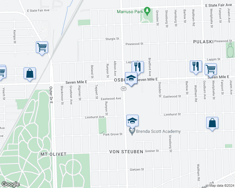 map of restaurants, bars, coffee shops, grocery stores, and more near 18924 Albion Avenue in Detroit