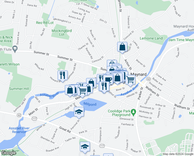 map of restaurants, bars, coffee shops, grocery stores, and more near 10 Lower Beacon Street in Maynard