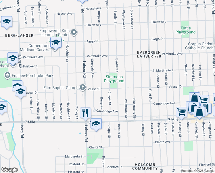 map of restaurants, bars, coffee shops, grocery stores, and more near 19450 Chapel Street in Detroit