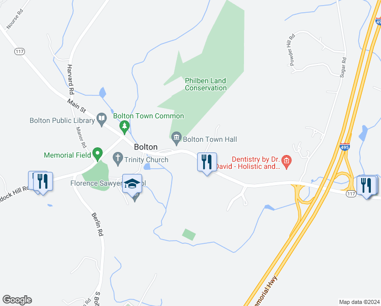 map of restaurants, bars, coffee shops, grocery stores, and more near 662 Main Street in Bolton