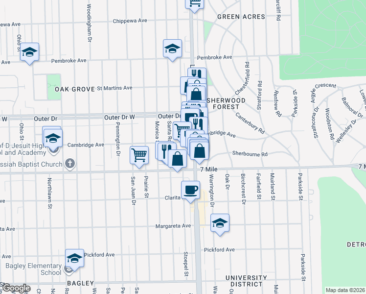 map of restaurants, bars, coffee shops, grocery stores, and more near 19195 Livernois in Detroit