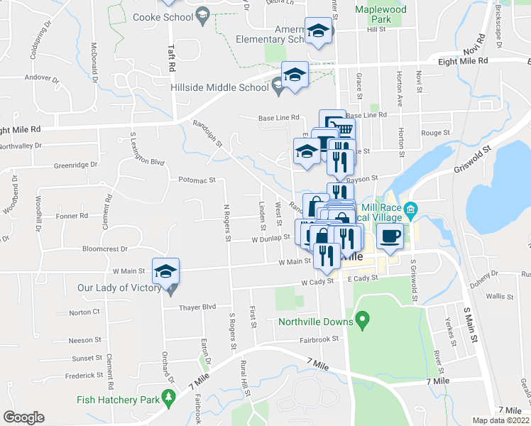 map of restaurants, bars, coffee shops, grocery stores, and more near 238 Linden Street in Northville
