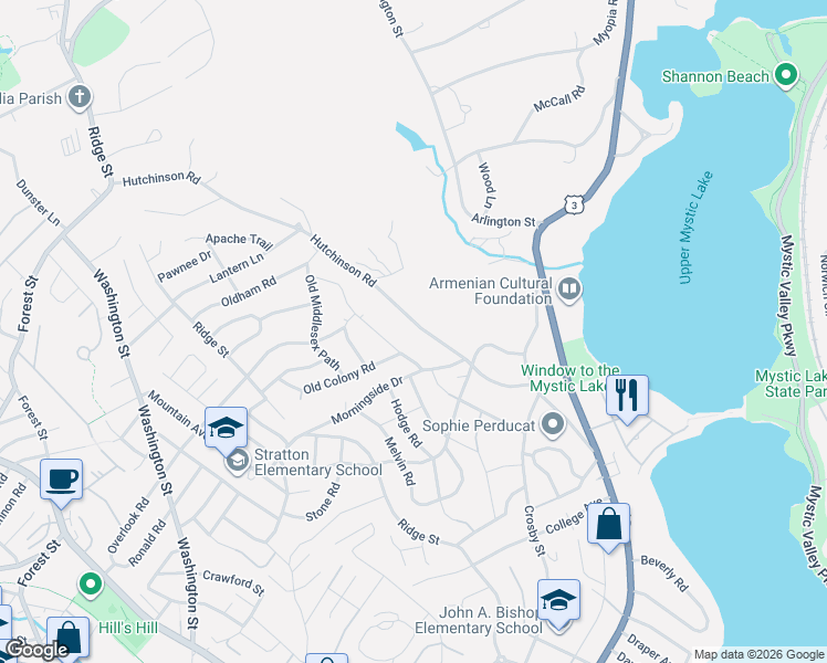 map of restaurants, bars, coffee shops, grocery stores, and more near 74 Hutchinson Road in Arlington