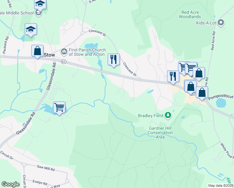map of restaurants, bars, coffee shops, grocery stores, and more near 22 Johnston Way in Stow