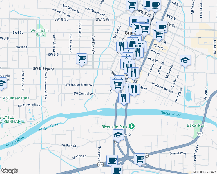 map of restaurants, bars, coffee shops, grocery stores, and more near 224 Southwest Rogue River Avenue in Grants Pass