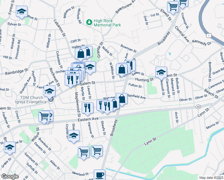 map of restaurants, bars, coffee shops, grocery stores, and more near 16-18 Church Street in Malden