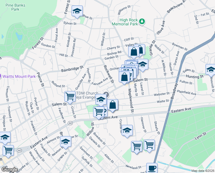 map of restaurants, bars, coffee shops, grocery stores, and more near 41 Fairview Terrace in Malden