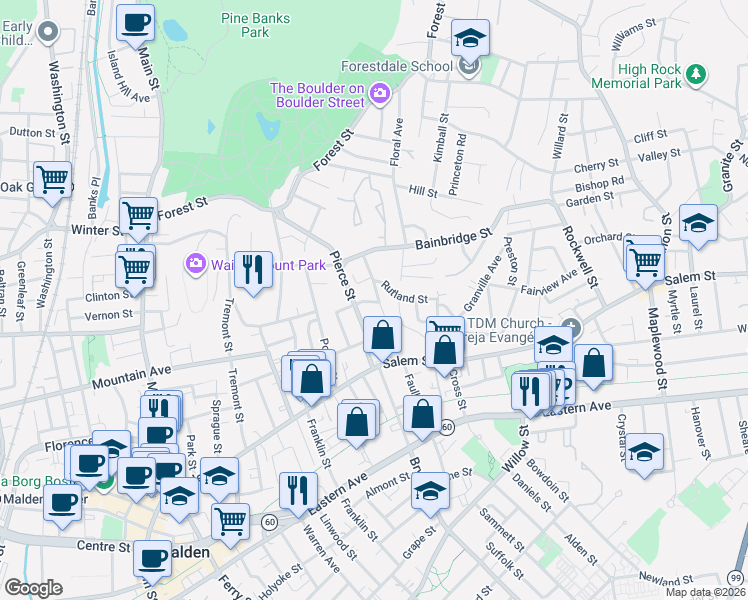 map of restaurants, bars, coffee shops, grocery stores, and more near 75 Plymouth Road in Malden