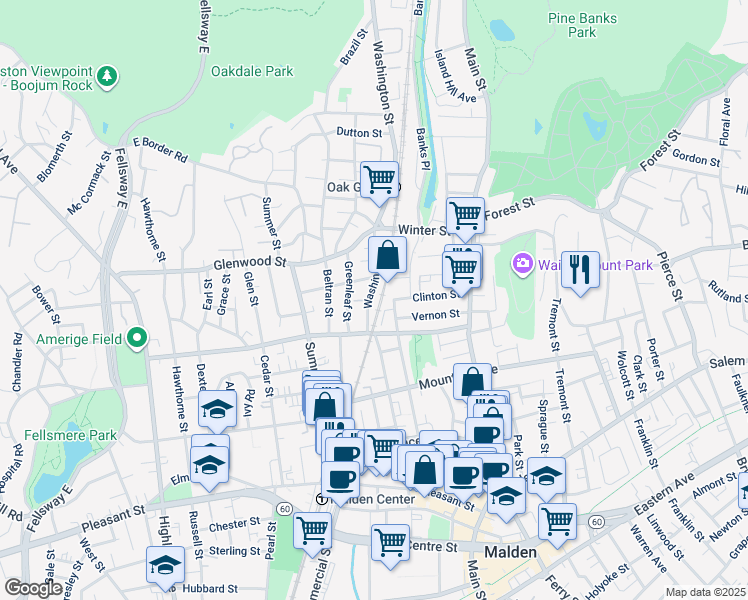 map of restaurants, bars, coffee shops, grocery stores, and more near 71 Clinton Street in Malden