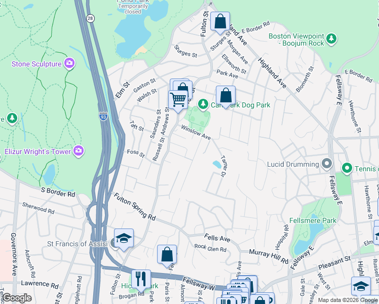 map of restaurants, bars, coffee shops, grocery stores, and more near 32 Mitchell Avenue in Medford