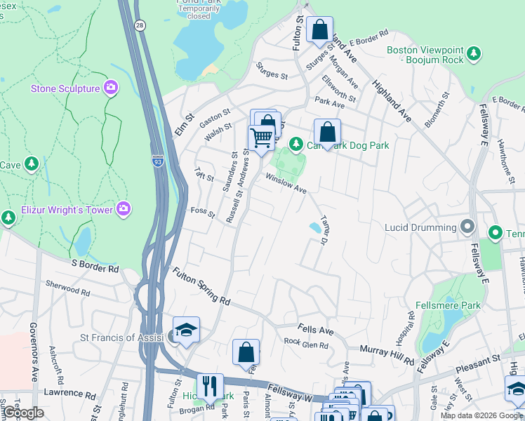 map of restaurants, bars, coffee shops, grocery stores, and more near 391 Fulton Street in Medford