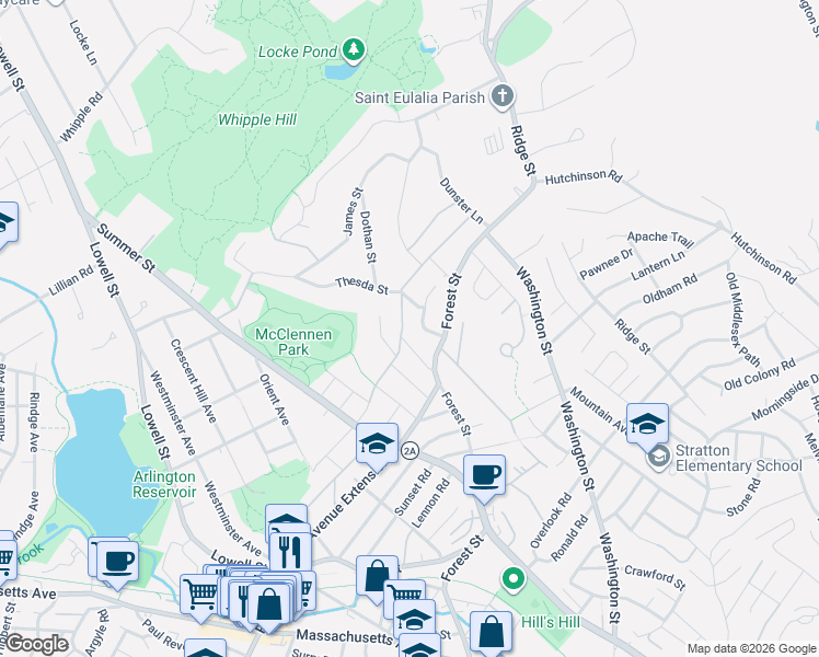 map of restaurants, bars, coffee shops, grocery stores, and more near 15 Hancock Street in Arlington