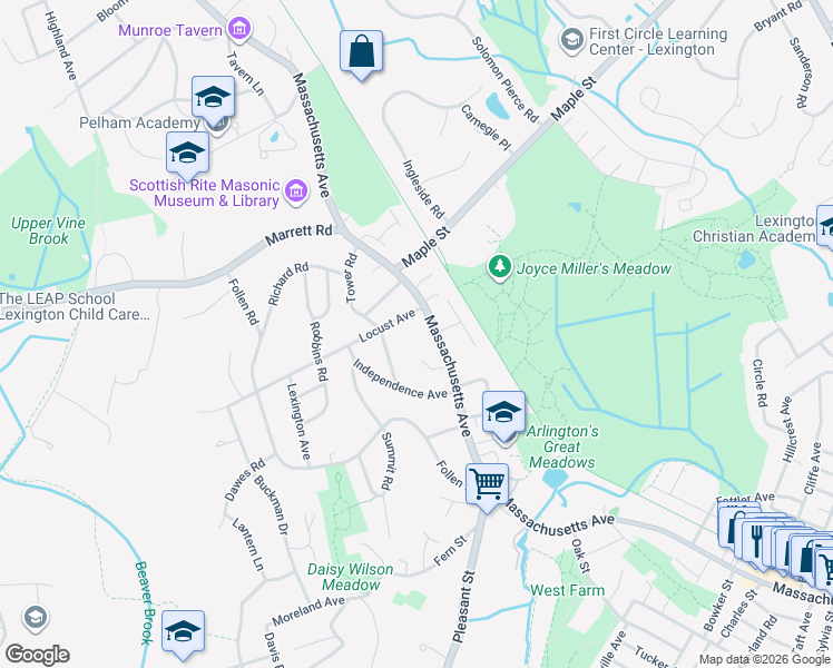 map of restaurants, bars, coffee shops, grocery stores, and more near 998 Massachusetts Avenue in Lexington