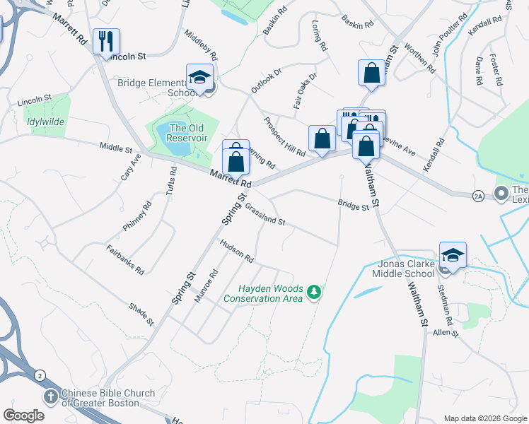 map of restaurants, bars, coffee shops, grocery stores, and more near 15 Bridge Street in Lexington